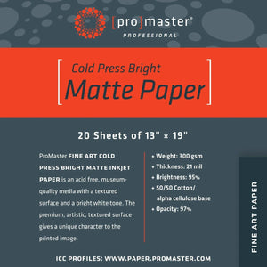 ProMaster Fine Art Cold Press Bright Matte Inkjet Photo Paper - 13''x19'' - 20 Sheets at PROCAM | procam.com