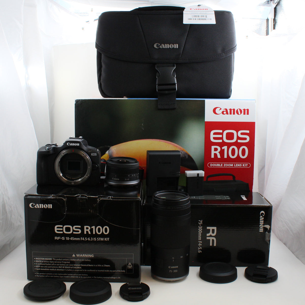 * OPEN BOX EXCELLENT * Canon EOS R100 Digital Camera with RF-S 18-45mm f/4.5-6.3 IS STM Lens and  RF 75-300mm f/4-5.6 Lens - Double Zoom Lens Kit