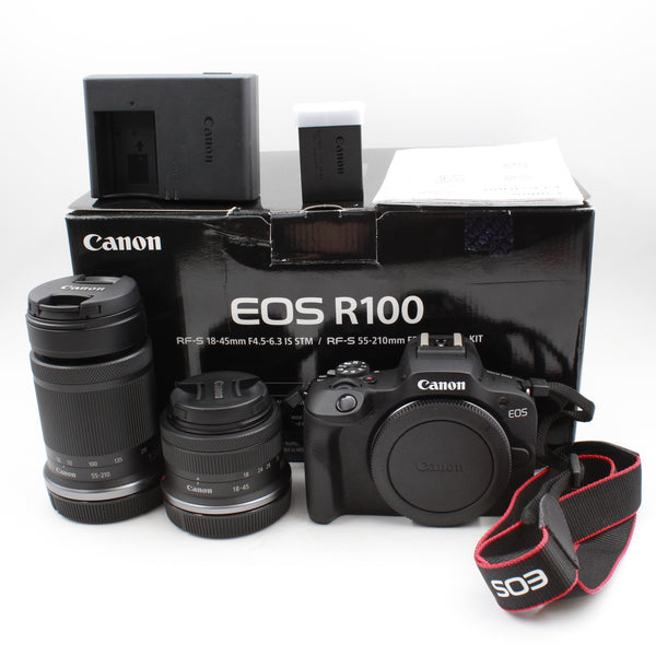 * OPEN BOX EXCELLENT * Canon EOS R100 Mirrorless Camera with RF-S 18-45mm f/4.5-6.3 IS STM Lens and RF-S 55-210mm f/5-7.1 IS STM Lens Kit