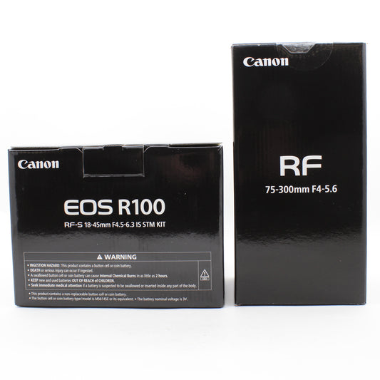 * OPEN BOX GOOD * Canon EOS R100 Digital Camera with RF-S 18-45mm f/4.5-6.3 IS STM Lens and  RF 75-300mm f/4-5.6 Lens - Double Zoom Lens Kit