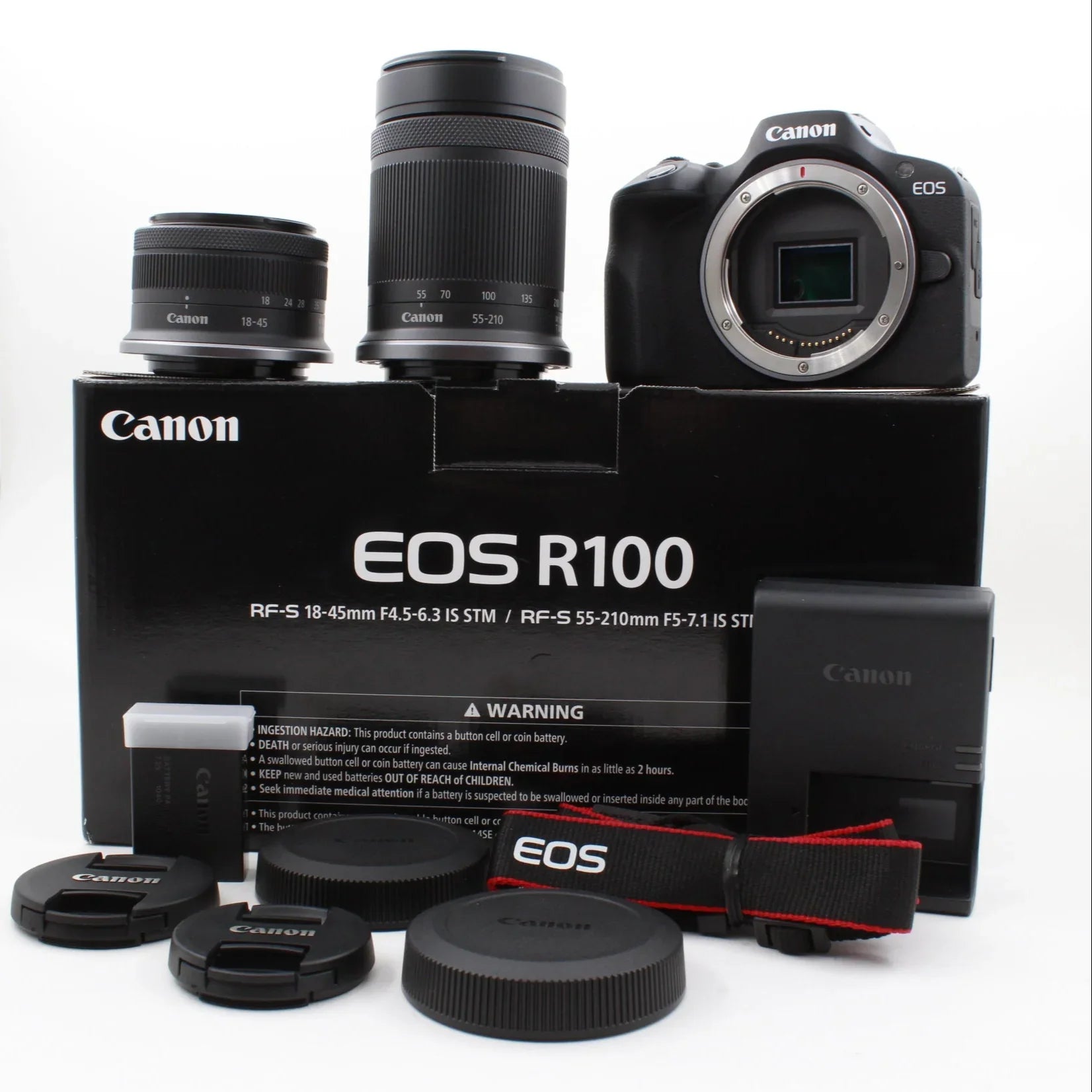 * OPEN BOX EXCELLENT * Canon EOS R100 Mirrorless Camera with RF-S 18-45mm f/4.5-6.3 IS STM Lens and RF-S 55-210mm f/5-7.1 IS STM Lens Kit at PROCAM | procam.com