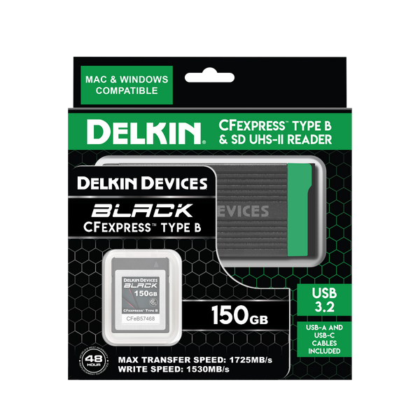 Delkin Devices BLACK CFexpress Type B Memory Card - 150GB w/ USB 3.2 CFexpress Type B Card and SD UHS-II Memory Card Reader Bundle