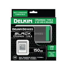 Delkin Devices BLACK CFexpress Type B Memory Card - 150GB w/ USB 3.2 CFexpress Type B Card and SD UHS-II Memory Card Reader Bundle