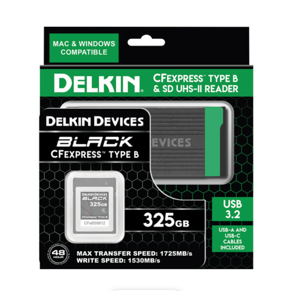 Delkin Devices 325GB BLACK CFexpress Type B Memory Card with CFexpress Type B & UHS-II SD Memory Card Reader | PROCAM