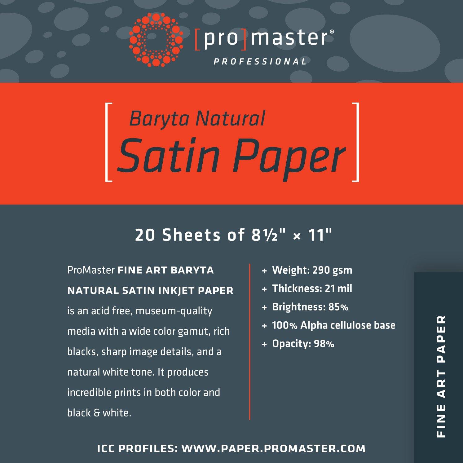 ProMaster Fine Art Baryta Natural Satin Inkjet Photo Paper - 8.5''x11'' - 20 Sheets | PROCAM