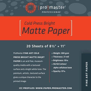 ProMaster Fine Art Cold Press Bright Matte Inkjet Photo Paper - 8.5''x11'' - 20 Sheets at PROCAM | procam.com