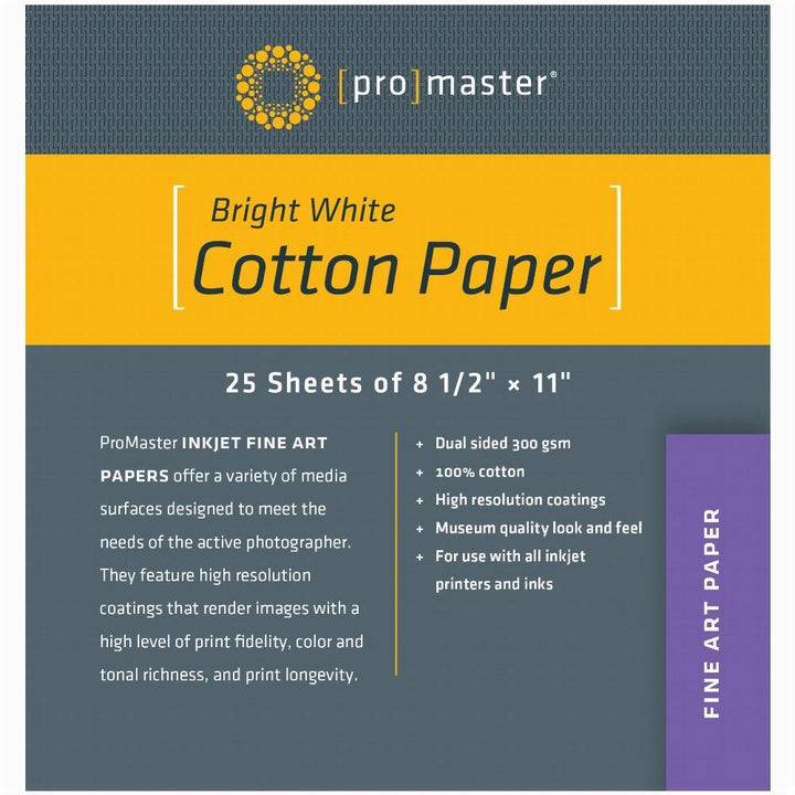 ProMaster Fine Art Dual Sided Inkjet Paper Bright White Cotton - 8 1/2 x 11'' - 25 Sheets | PROCAM