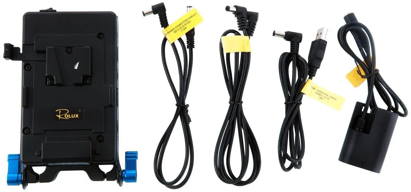 Rolux RL-VFU1 V-Mount Adapter Kit w/ 5V USB, 7.2V, 12V & LP-E6 Power Cables at PROCAM | procam.com